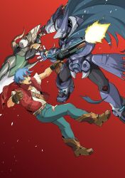 Rule 34 | 2boys, angry, armor, battle, belt, blue hair, boots, brown eyes, cape, cowboy boots, denim, eyeball, full body, gloves, gradient background, gun, headband, helmet, highres, jeans, knee boots, male focus, multiple boys, no~ma, open mouth, pants, red background, rody roughnight, shirt, simple background, sword, torn clothes, vest, weapon, wild arms, wild arms 1, zeikfried, zeikfried (wild arms)