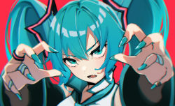 Rule 34 | 1girl, blue eyes, blue hair, blue nails, fang, hatsune miku, highres, jewelry, kasoku souchi, looking at viewer, nail polish, open mouth, red background, ring, simple background, solo, teeth, twintails, vocaloid