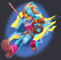 Rule 34 | 1girl, artist name, blonde hair, blue hair, boots, brown footwear, brown gloves, brown jacket, crash bandicoot (series), crash bandicoot 4: it&#039;s about time, denim, earrings, fingerless gloves, furry, furry female, gloves, green eyes, highres, jacket, jamoart, jeans, jewelry, looking at viewer, medium hair, multicolored hair, open clothes, open jacket, pants, pink shirt, pointing, shirt, solo, tawna bandicoot (it&#039;s about time), two-tone hair, watermark