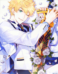 Rule 34 | 1boy, absurdres, alternate costume, arthur pendragon (fate), blonde hair, blue eyes, blue necktie, excalibur (fate/prototype), fate/grand order, fate (series), flower, formal, green eyes, hair between eyes, heqanim, highres, holding, holding weapon, looking at viewer, lying, male focus, necktie, on side, one eye closed, smile, solo, suit, sword, upper body, weapon, white flower, white petals, white suit
