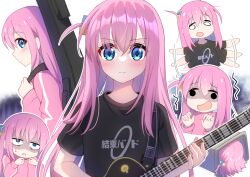 Rule 34 | 1girl, blue eyes, bocchi the rock!, cube hair ornament, electric guitar, gibson les paul, gotoh hitori, guitar, hair between eyes, hair ornament, hair over eyes, highres, holding, holding instrument, instrument, instrument case, jacket, kitsuneco, long hair, one side up, pink hair, pink jacket, shirt, solo, t-shirt, track jacket
