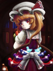 Rule 34 | 1girl, 4mlolqceonup187, book, cowboy shot, crystal wings, flandre scarlet, from behind, hat, hat ribbon, looking at viewer, puffy short sleeves, puffy sleeves, red eyes, red ribbon, ribbon, sailor collar, short sleeves, side ponytail, solo, touhou, white mob cap