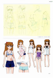 Rule 34 | 1girl, absurdres, artbook, ass, barefoot, breasts, character sheet, chemise, cowboy shot, evangelion: 2.0 you can (not) advance, full body, gloves, highres, long hair, multiple views, neon genesis evangelion, official art, panties, rebuild of evangelion, scan, shiny clothes, simple background, souryuu asuka langley, striped clothes, striped panties, translation request, two side up, underwear, very long hair, white chemise, wide hips
