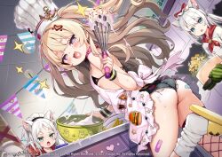 Rule 34 | 3girls, animal ear fluff, animal ears, apron, aqua eyes, ayaoshiro, azur lane, bache (azur lane), bandaid, bandaid on ass, bandaid on leg, black bra, blonde hair, blush, bra, cat ears, chef hat, collar, commentary request, cooking, copyright name, copyright notice, fishnet thighhighs, fishnets, hammann (azur lane), hat, heart, heart-shaped pupils, highres, holding, holding whisk, indoors, leg up, long hair, looking at another, looking at viewer, micro shorts, multiple girls, official art, open mouth, pink apron, pink collar, purple eyes, shorts, sims (azur lane), single thighhigh, slippers, smile, socks, symbol-shaped pupils, thighhighs, underwear, whisk, white hair, white headwear, white socks