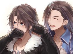 Rule 34 | 2boys, black gloves, black jacket, blue eyes, blue jacket, brown hair, chain necklace, closed mouth, earrings, father and son, final fantasy, final fantasy viii, fur collar, gloves, hand on another&#039;s head, jacket, jewelry, laguna loire, long hair, male focus, multiple boys, necklace, open mouth, parted bangs, sasanomesi, scar, scar on face, scar on forehead, shirt, short hair, single earring, smile, squall leonhart, sweatdrop, upper body, white background, white shirt