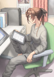 Rule 34 | 1girl, akigumo (kancolle), book, brown hair, calendar (object), closed mouth, curtains, green eyes, grey pants, grey shirt, hair between eyes, highres, holding, holding stylus, holding tablet pc, kantai collection, long hair, long sleeves, pants, ponytail, shirt, sitting, solo, stylus, tablet pc, taruya, window