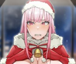 Rule 34 | 1girl, alternate breast size, angry, bell, blurry, blurry background, breasts, capelet, christmas, cleavage, clenched teeth, cropped, embarrassed, frown, fur capelet, fur gloves, gloves, handplug, hat, hololive, hololive english, huge breasts, long hair, looking to the side, mixed-language commentary, mori calliope, neck bell, out-of-frame censoring, pink eyes, pink hair, pom pom (clothes), red capelet, red gloves, red hat, red ribbon, ribbon, santa hat, snowing, solo, teeth, upper body, virtual youtuber