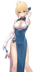 Rule 34 | 1girl, ahoge, alternate costume, artoria pendragon (all), artoria pendragon (fate), blonde hair, blue dress, blush, braid, breasts, china dress, chinese clothes, cleavage, dress, elbow gloves, fate/stay night, fate (series), gloves, green eyes, hair between eyes, hair ribbon, highres, long hair, looking at viewer, majo (pastamajo), medium breasts, ponytail, ribbon, saber (fate), simple background, smile, solo, sword, weapon, white background, white gloves