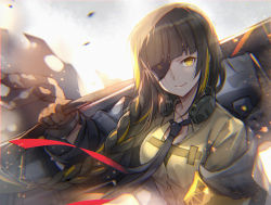 Rule 34 | 1girl, backlighting, beige shirt, black gloves, black jacket, black necktie, braid, breasts, brown hair, capura lin, closed mouth, commentary request, ear protection, eyepatch, girls&#039; frontline, gloves, head tilt, highres, holding, jacket, long hair, m16a1 (girls&#039; frontline), medium breasts, necktie, open clothes, open jacket, over shoulder, shirt, single braid, smile, solo, very long hair, yellow eyes
