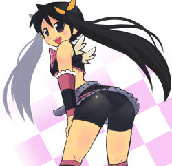 Rule 34 | ass, bike shorts, black eyes, black hair, highres, looking back, midriff, okera, panties, solo, striped clothes, striped panties, twintails, underwear