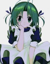 Rule 34 | 1girl, antenna hair, apron, blunt ends, dejiko, di gi charat, dress, expressionless, green eyes, green hair, hair ribbon, hand on own cheek, hand on own face, highres, looking at viewer, maid, maid apron, parted bangs, pepeppepe101, puffy short sleeves, puffy sleeves, ribbon, short hair, short sleeves, solo, two side up