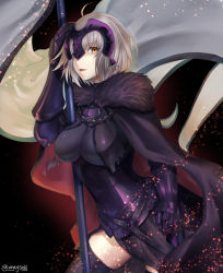 Rule 34 | 1girl, :d, aona (anagasaki), armor, armored dress, banner, black cape, black dress, black thighhighs, cape, cowboy shot, dress, fate/grand order, fate (series), fur-trimmed cape, fur trim, gauntlets, headpiece, holding, jeanne d&#039;arc (fate), jeanne d&#039;arc alter (avenger) (fate), jeanne d&#039;arc alter (fate), looking at viewer, open mouth, short hair, silver hair, smile, solo, standing, thighhighs, yellow eyes