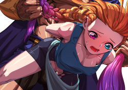 Rule 34 | 1boy, 1girl, absurdres, arms behind back, bad id, bad pixiv id, bare shoulders, bike shorts, braid, cape, collarbone, doggystyle, greef (greef63073776), green tank top, head out of frame, heterochromia, highres, league of legends, long hair, muscular, muscular male, no bra, open mouth, orange hair, pantheon (league of legends), pink hair, purple eyes, purple hair, restrained, sex, sex from behind, shiny skin, shorts, single braid, sweat, tank top, torn clothes, torn shorts, zoe (league of legends)