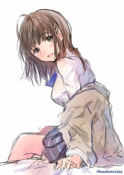 Rule 34 | 1girl, ahoge, blazer, blue bow, blue bowtie, blush, bow, bowtie, breasts, brown eyes, brown hair, commentary request, hair ornament, hairclip, hanekoto, jacket, long hair, long sleeves, looking at viewer, matching hair/eyes, medium breasts, neckerchief, off shoulder, open mouth, original, pleated skirt, school uniform, simple background, sketch, skirt, smile, solo, twitter username, uniform, white background