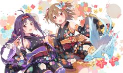 Rule 34 | 2girls, :d, alternate costume, bare shoulders, braid, brown hair, detached sleeves, dragon, floral print, flower, gloves, hair flower, hair ornament, hairband, highres, holding hands, japanese clothes, kimono, knokzm, looking at viewer, multiple girls, multiple tails, open mouth, pina (sao), purple hair, red eyes, red hairband, silica, smile, sword art online, tail, twin braids, twitter username, two tails, white gloves, yukata, yuuki (sao)
