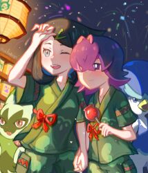 2girls absurdres aerial_fireworks antenna_hair arm_up black_hair candy_apple commentary_request cowlick creatures_(company) dot_(pokemon) fireworks floragato food game_freak green_shirt green_shorts hair_ornament hairclip highres holding_hands liko_(pokemon) multiple_girls nekomura_saki night nintendo one_eye_closed open_mouth outdoors pokemon pokemon_(anime) pokemon_(creature) pokemon_horizons purple_hair quaxwell shirt short_sleeves shorts sky teeth upper_teeth_only