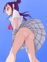 Rule 34 | 1girl, angry, ass, blue background, blush, cleft of venus, closed mouth, embarrassed, female focus, from below, futari wa precure splash star, highres, long hair, mishou mai, muramura hito, no panties, partially visible anus, precure, profile, purple eyes, purple hair, pussy, pussy juice, short sleeves, simple background, solo, standing, sweat, uncensored, underwear, upskirt