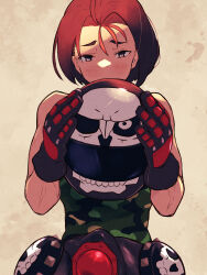 Rule 34 | 1girl, black gloves, blush, brown hair, camouflage tank top, clothes around waist, commentary request, gloves, helmet, highres, holding, holding helmet, jacket, jacket around waist, justice gakuen, kazama akira, looking at viewer, motorcycle helmet, multicolored clothes, multicolored gloves, red gloves, shirt, short hair, skull print, sleeveless, sleeveless shirt, solo, street fighter, tank top, upper body, yuenibushi