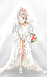 Rule 34 | 1girl, absurdres, alipheese fateburn xvi, bare shoulders, blush, bouquet, breasts, bride, cleavage, detached collar, dress, earrings, elbow gloves, flower, full body, gloves, hair flower, hair ornament, highres, huge breasts, jewelry, jing li, long hair, mon-musu quest!, simple background, single earring, sleeveless, sleeveless dress, slit pupils, smile, solo, tattoo, very long hair, wedding dress, white background, white hair, white theme, yellow eyes