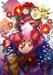 Rule 34 | 1girl, breasts, blowing bubbles, chewing gum, cleavage, emoillu, fate/grand order, fate (series), flower, fur collar, giant brush, hair flower, hair ornament, hairpin, highres, japanese clothes, katsushika hokusai (fate), kimono, large breasts, long sleeves, looking at viewer, paintbrush, pale skin, purple hair, purple kimono, red eyes, red kimono, sash, short hair, wide sleeves