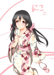 Rule 34 | 10s, 1girl, alternate hairstyle, bad id, bad pixiv id, black hair, blush, bow, character name, hair bow, hand on own chest, japanese clothes, kimono, long hair, love live!, love live! school idol project, low twintails, minamon (vittel221), pouch, red eyes, smile, solo, twintails, yazawa nico