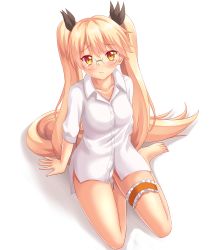 Rule 34 | 10s, 1girl, arm support, barefoot, black ribbon, blonde hair, bottomless, collarbone, dress shirt, eyebrows, full body, glasses, hair ribbon, highres, long hair, looking at viewer, nottytiffy, panties, retoree (show by rock!!), ribbon, shirt, show by rock!!, simple background, sitting, solo, thigh strap, twintails, underwear, very long hair, white background, white panties, white shirt, yellow eyes