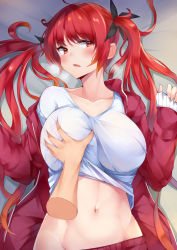 Rule 34 | 1girl, alternate costume, azur lane, black ribbon, blush, breasts, commentary request, crop top, cropped shirt, disembodied hand, gradient hair, hair ribbon, hands up, highres, honolulu (azur lane), irohara, jacket, large breasts, long hair, long sleeves, looking at viewer, lying, multicolored hair, navel, off shoulder, on back, open clothes, open jacket, open mouth, orange hair, panties, pov, red eyes, red hair, red jacket, red panties, ribbon, shirt, sleeves past wrists, solo focus, stomach, track jacket, twintails, two-tone hair, underwear, very long hair, white shirt