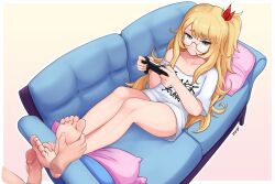 Rule 34 | 1girl, barefoot, blonde hair, controller, couch, efreezerarts, feet, footjob, game controller, glasses, green eyes, highres, long hair, looking at viewer, lying, side ponytail, smile, soles, toes, virtual youtuber