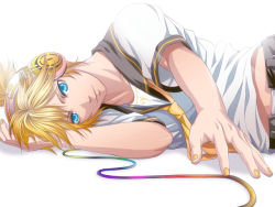 Rule 34 | 1boy, a=k, bad id, bad pixiv id, blonde hair, blue eyes, foreshortening, headphones, kagamine len, lying, male focus, nail polish, necktie, on side, short hair, simple background, solo, vocaloid, yellow necktie
