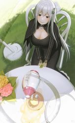 Rule 34 | 1girl, black dress, breasts, brown eyes, butterfly hair ornament, capelet, chair, cleavage, cup, dress, echidna (re:zero), flower, grass, hair ornament, hands on lap, highres, invisible tentacle, large breasts, long hair, looking at viewer, outdoors, parasol, picnic table, re:zero kara hajimeru isekai seikatsu, saliva, sitting, solo, suggestive fluid, sunlight, sweat, table, tea, teacup, teapot, tentacles, tongue, umbrella, very long hair, white hair, yuhang, yuxing