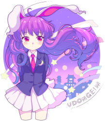 Rule 34 | 1girl, ahoge, animal ears, arms behind back, blazer, blush, character name, closed mouth, collared shirt, cowboy shot, crescent, crescent pin, cropped legs, dress shirt, floating hair, iris anemone, jacket, long hair, long sleeves, looking at viewer, miniskirt, necktie, night, night sky, pleated skirt, purple hair, rabbit ears, rabbit girl, rabbit tail, red eyes, red necktie, reisen udongein inaba, shirt, shooting star, skirt, sky, solo, star (sky), star (symbol), starry sky, tail, touhou, twitter username, white shirt, white skirt, wing collar