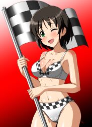 Rule 34 | 1girl, absurdres, artist name, black hair, blush, bra, breasts, checkered flag, commentary, cowboy shot, crotch seam, english commentary, flag, gradient background, green eyes, groin, harada miyo, highres, holding, holding flag, idolmaster, idolmaster cinderella girls, looking at viewer, medium breasts, navel, one eye closed, open mouth, panties, print bra, print panties, red background, short hair, signature, smile, solo, underwear, underwear only, vzmk2, white bra, white panties