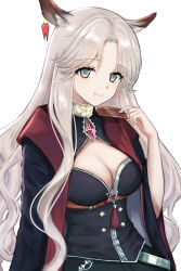 Rule 34 | 1girl, absurdres, animal ear fluff, animal ears, arknights, black jacket, black shirt, black skirt, breasts, card, cleavage, closed mouth, commentary request, ear piercing, gitano (arknights), grey eyes, grey hair, highres, holding, holding card, jacket, long hair, long sleeves, looking at viewer, medium breasts, mole, mole under mouth, open clothes, open jacket, owanwan 1205, parted bangs, piercing, shirt, simple background, skirt, smile, solo, very long hair, white background, wide sleeves