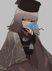 Rule 34 | 1girl, black headwear, black undershirt, blue flower, blunt bangs, blunt ends, brown cloak, brown kimono, chajinbou, citron80citron, cloak, covering own mouth, eyeliner, fate/grand order, fate (series), flower, flower knot, gradient hair, grey background, grey hair, half-closed eyes, hand up, highres, japanese clothes, kimono, long sleeves, looking at viewer, makeup, medium hair, morning glory, multicolored hair, obi, obijime, red eyeliner, revision, sash, sen no rikyu (fate), sen no rikyu (second ascension) (fate), simple background, smirk, solid eyes, solo, tassel, upper body, white hair, white kimono