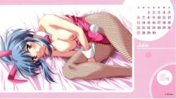 Rule 34 | 1girl, animal ears, bed, blue hair, blush, breasts squeezed together, breasts, calendar, cuffs, ecchi na bunny-san wa kirai?, ecchi na bunny-san wa kirai? 2, fake animal ears, fishnet pantyhose, fishnets, kasuga madoka, large breasts, lying, nipples, on side, pantyhose, playboy bunny, rabbit ears, smile, solo, topless, yamane masahiro, zyx