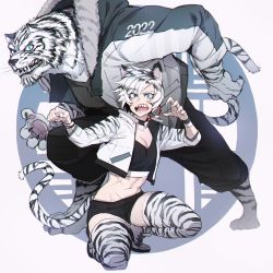 Rule 34 | 1boy, 1girl, animal ears, black shorts, blue eyes, boots, breasts, chinese zodiac, cleavage, crop top, cross scar, furry, furry male, hands up, highres, looking at viewer, midriff, navel, open mouth, original, paw pose, ratatatat74, scar, sharp teeth, short shorts, shorts, slit pupils, squatting, striped clothes, striped thighhighs, tail, teeth, thighhighs, tiger ears, tiger girl, tiger tail, white hair, wristband, year of the tiger