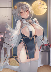 Rule 34 | 1girl, azur lane, branch, breast curtains, china dress, chinese clothes, dress, flower, full body, full moon, garter straps, gloves, grey dress, half gloves, highres, indoors, itaba atsushi, kneeling, looking at viewer, manjuu (azur lane), medium hair, moon, night, official alternate costume, pelvic curtain, pink flower, revealing clothes, ribbon between breasts, see-through, see-through sleeves, sirius (azur lane), sirius (azure horizons) (azur lane), solo, thighhighs, turret, white garter straps, white gloves, white thighhighs