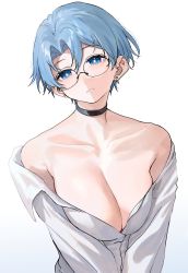 1girl aochoku bare_shoulders blue_eyes blue_hair breasts bright_pupils choker cleavage collarbone earrings glasses highres jewelry large_breasts long_sleeves off_shoulder original parted_bangs parted_lips round_eyewear shirt short_hair simple_background solo stud_earrings upper_body v_arms white_background white_pupils white_shirt