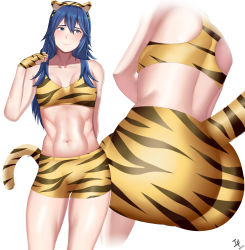 Rule 34 | 1girl, absurdres, animal ears, animal print, arcedo, ass, bare shoulders, blue eyes, blue hair, blush, breasts, embarrassed, fake animal ears, fingerless gloves, fire emblem, fire emblem awakening, from behind, from below, gloves, hairband, highres, long hair, lucina (fire emblem), multiple views, nintendo, shiny clothes, shiny skin, short shorts, shorts, smile, solo, sports bra, tail, tiger print