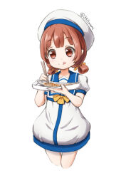 Rule 34 | 1girl, blue sailor collar, blunt bangs, bow, bowtie, chopsticks, commentary request, cowboy shot, cropped legs, dress, fish, fish (food), grilled fish, hair rings, hat, highres, holding, holding chopsticks, holding tray, kaiboukan no. 4 (kancolle), kantai collection, licking lips, light blush, looking at viewer, low twintails, red eyes, red hair, sailor collar, sailor dress, sailor hat, saury, short sleeves, short twintails, sidelocks, simple background, solo, tetsuryuu, tongue, tongue out, tray, twintails, twitter username, white background, white hat, yellow bow, yellow bowtie