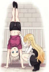 Rule 34 | 2girls, ^ ^, ange (princess principal), poking belly, bike shorts, blonde hair, blouse, blue eyes, closed eyes, commentary request, closed eyes, from side, handstand, long hair, multiple girls, navel, niina ryou, princess (princess principal), princess principal, purple shirt, school uniform, shirt, shoes, short hair, squatting, wavy hair
