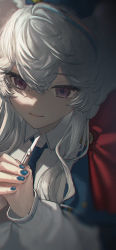 Rule 34 | 1girl, arknights, black jacket, boxcutter, collared shirt, hair between eyes, highres, holding boxcutter, jacket, jfjf, nail polish, necktie, parted lips, purple eyes, rosa (arknights), shirt, sidelocks, silver hair, solo, spoilers, wavy hair, white shirt
