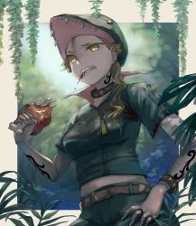 Rule 34 | 1girl, baicha oqqa, belt, blonde hair, blurry, blurry background, boned meat, collar, crocodile, crocodile cap, crocodilian, earrings, eating, food, hair between eyes, hand on own hip, hat, highres, jewelry, looking at viewer, meat, original, outdoors, personification, ring, slit pupils, solo, standing, studded bracelet, tattoo, yellow eyes