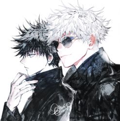 Rule 34 | 2boys, black hair, black shirt, blue eyes, closed mouth, from side, fushiguro megumi, glasses, gojou satoru, hand up, highres, jujutsu kaisen, looking at viewer, looking to the side, male focus, multiple boys, pigeon666, round eyewear, shirt, signature, simple background, smile, upper body, white background, white hair