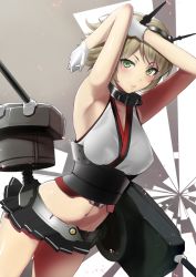 Rule 34 | 10s, 1girl, arm up, armpits, blush, breasts, brown hair, cowboy shot, covered erect nipples, gloves, green eyes, hareno chiame, headgear, kantai collection, large breasts, machinery, microskirt, midriff, mutsu (kancolle), navel, short hair, skirt, solo, white gloves