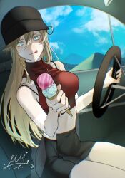Rule 34 | 1girl, :q, alternate costume, aupt31, baseball cap, bismarck (kancolle), black skirt, blonde hair, blue eyes, breasts, car interior, cloud, commission, crop top, day, food, hat, holding, holding food, ice cream, ice cream cone, kantai collection, long hair, looking at viewer, medium breasts, midriff, red shirt, shirt, signature, sitting, skeb commission, skirt, sky, sleeveless, sleeveless shirt, solo, steering wheel, tongue, tongue out