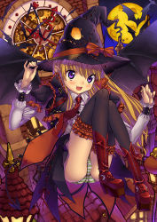 Rule 34 | 1girl, bad anatomy, fang, halloween, hat, kink (tortoiseshell), original, panties, solo, striped clothes, striped panties, thighhighs, underwear, witch hat