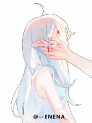 Rule 34 | 1girl, ahoge, artist name, bare arms, bare shoulders, dress, earrings, elf, er (user yhzm5478), eyelashes, frieren, from side, green eyes, grey hair, hair down, hand on another&#039;s cheek, hand on another&#039;s ear, hand on another&#039;s face, highres, jewelry, long hair, looking at another, out of frame, parted lips, pointy ears, profile, simple background, sleeveless, sleeveless dress, solo focus, sousou no frieren, upper body, white background, white dress