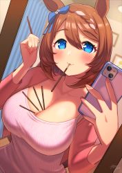 Rule 34 | 1girl, absurdres, animal ears, artist name, blue bow, blue eyes, blurry, blurry background, blush, bow, braid, breasts, camisole, cellphone, cleavage, commentary request, cropped jacket, curtains, food, food between breasts, food in mouth, hair bow, highres, holding, holding food, holding phone, horse ears, indoors, jacket, large breasts, lips, long hair, looking at viewer, mirror, phone, pink jacket, pink shirt, pocky, pocky day, reflection, shirt, smartphone, smile, solo, super creek (umamusume), taking picture, umamusume, upper body, yasa hattori