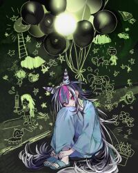 1girl artist_request balloon black_hair blue_footwear blue_hair cat closed_mouth crescent_moon danganronpa_(series) danganronpa_2:_goodbye_despair ear_piercing flower glowing green_background hair_horns hands_on_own_legs hospital_gown koizumi_mahiru long_hair messy_hair mioda_ibuki moon mouth_piercing multicolored_hair nail_polish piercing pink_eyes pink_hair saionji_hiyoko sitting solo spoilers star_(symbol) syringe toeless_footwear tsumiki_mikan very_long_hair white_hair